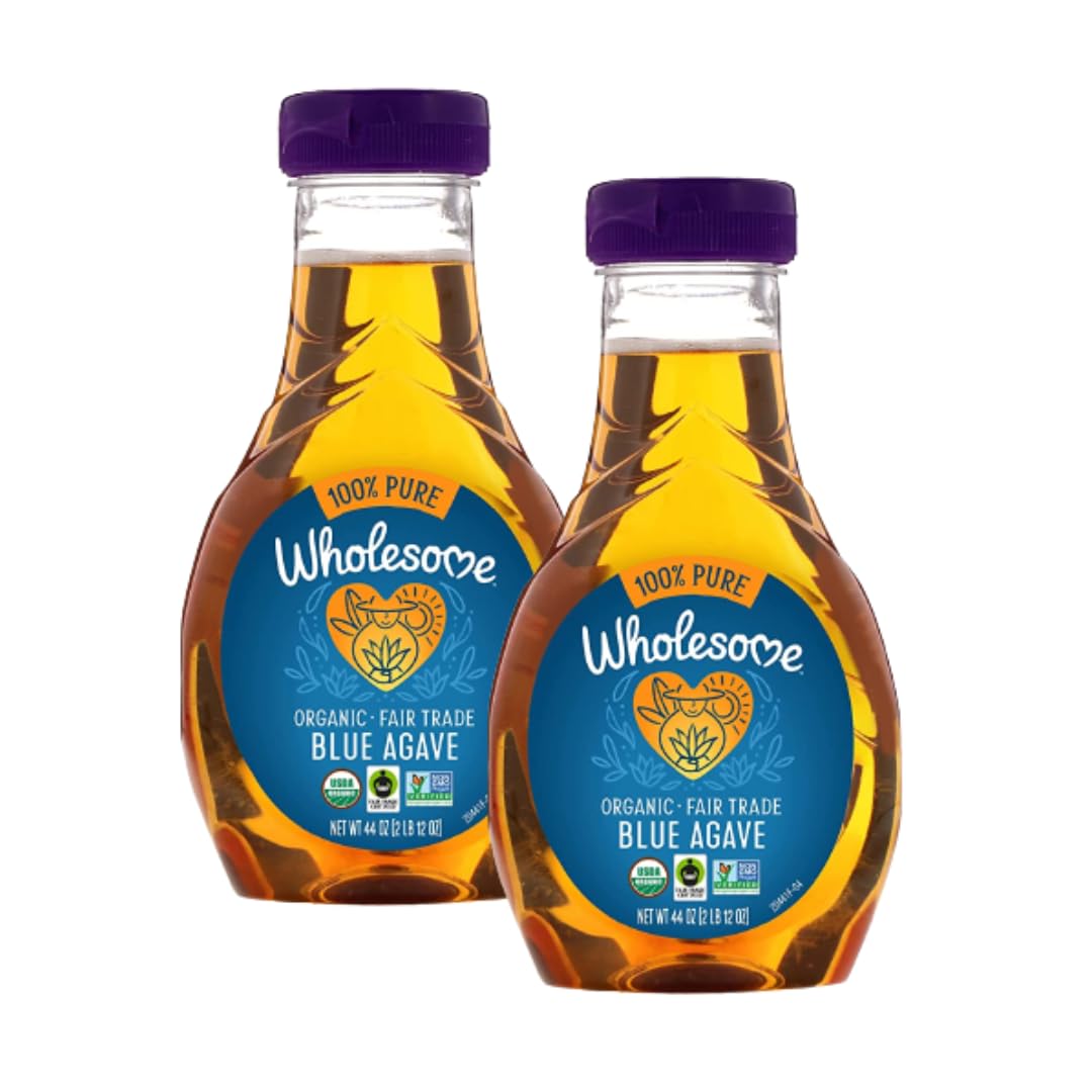 Wholesome FT Organic Blue Agave Nectar bottle 44oz in a kitchen setting.