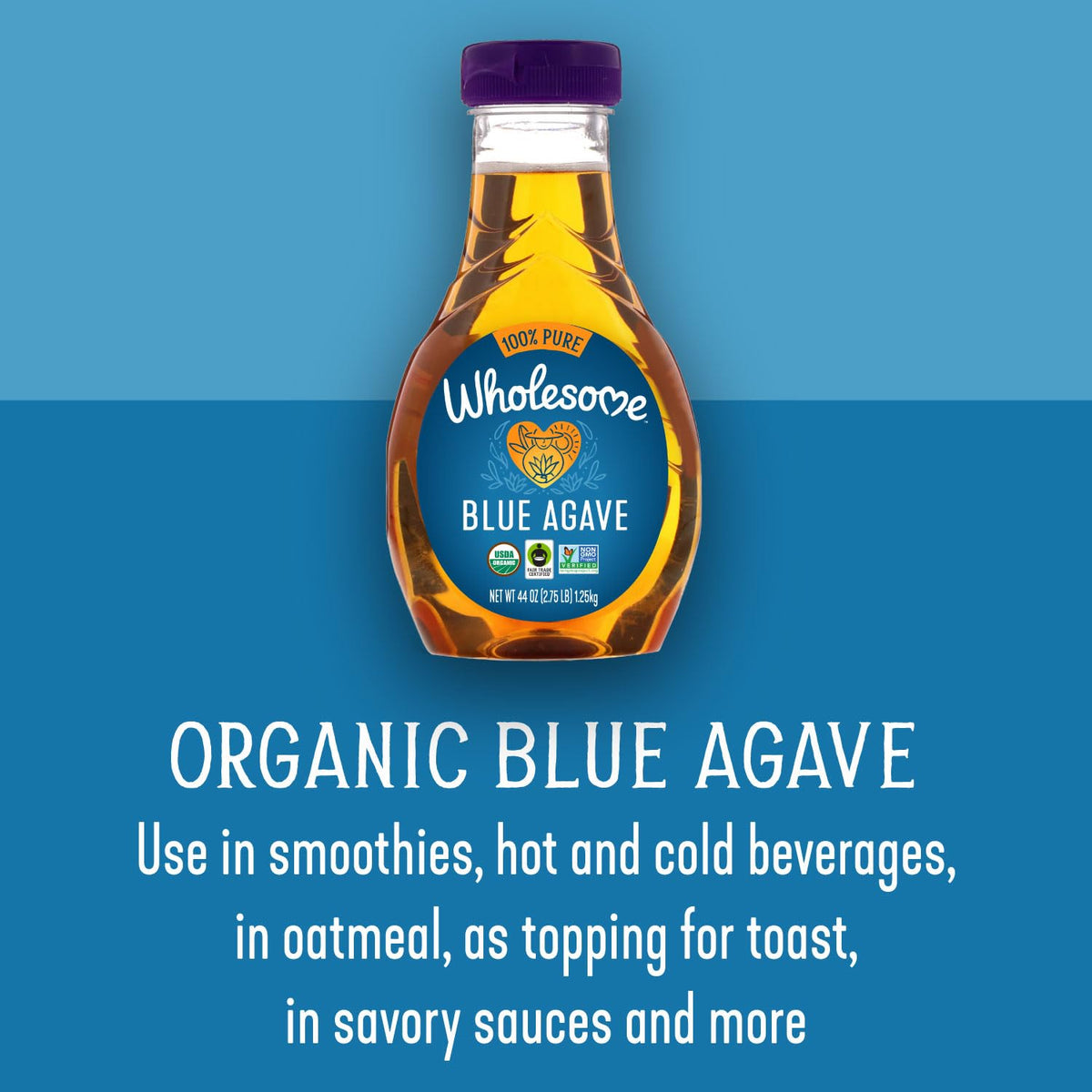 Wholesome Blue Agave Nectar bottle close-up showing the label.