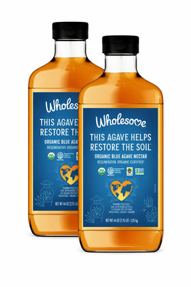 Wholesome Blue Agave Nectar bottle close-up shows pure organic sweetness for beverages.