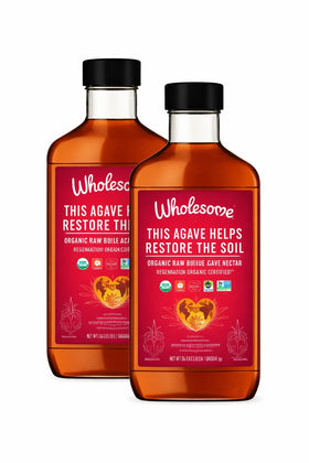 Wholesome Blue Agave Nectar bottle front view, 2-pack, natural sweetener option.