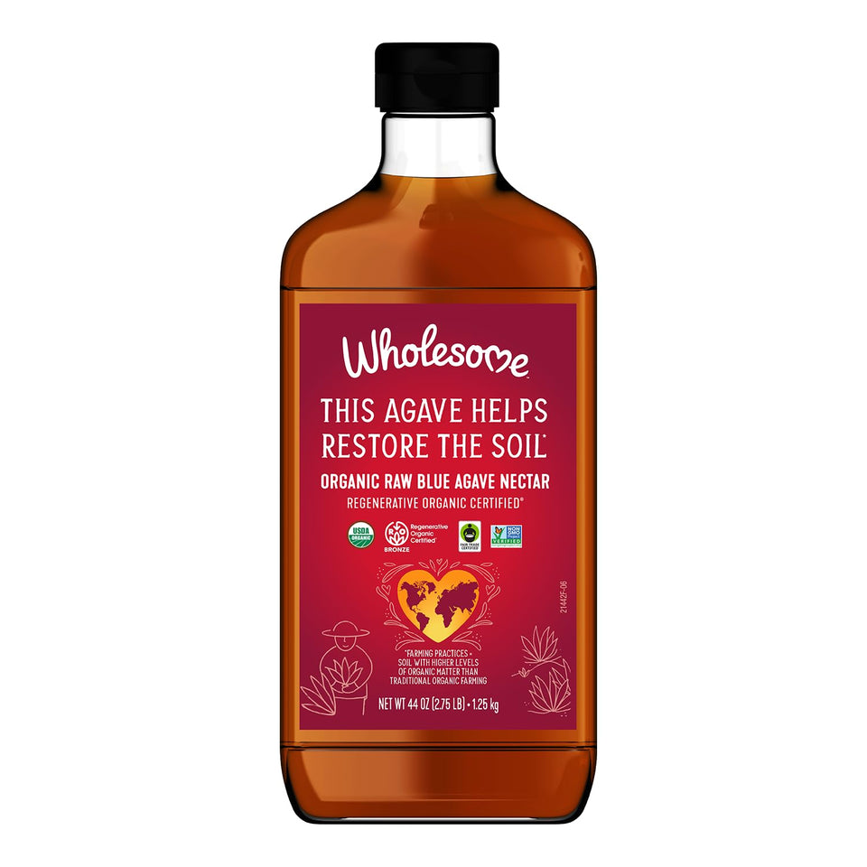 Wholesome Blue Agave Nectar bottle pour, ideal for cocktails and baking.