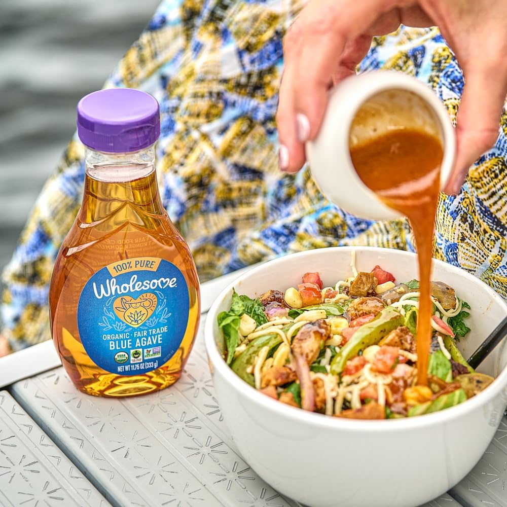 Wholesome Blue Agave Nectar label highlights organic, fair trade, and non-GMO certifications.