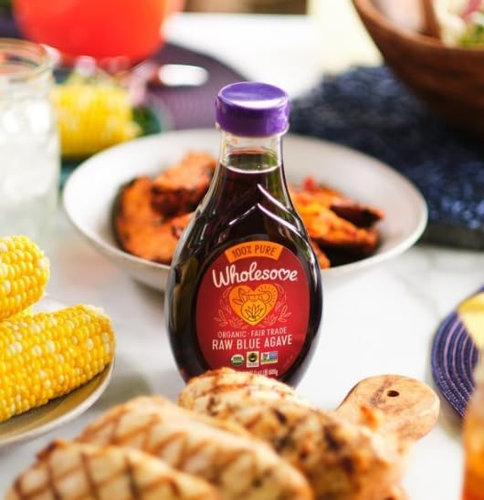 Wholesome Blue Agave Nectar ingredients label close-up, pure organic quality.