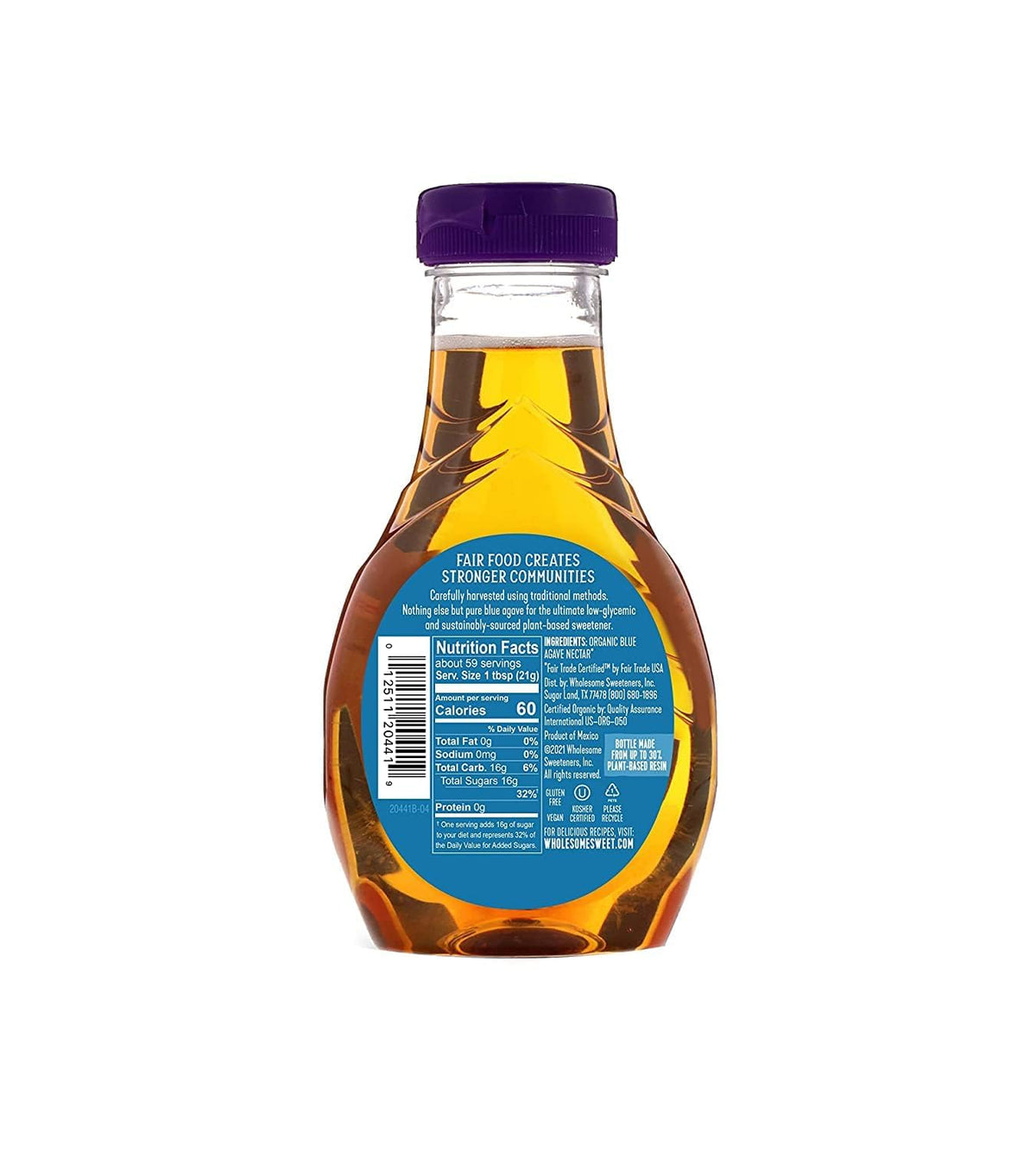 Wholesome Blue Agave Nectar packaging and certifications on the label.