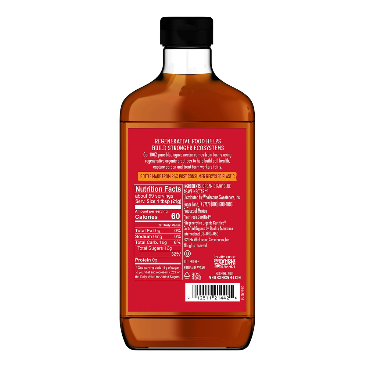 Wholesome Blue Agave Nectar label closeup, showing organic and fair trade sourcing.