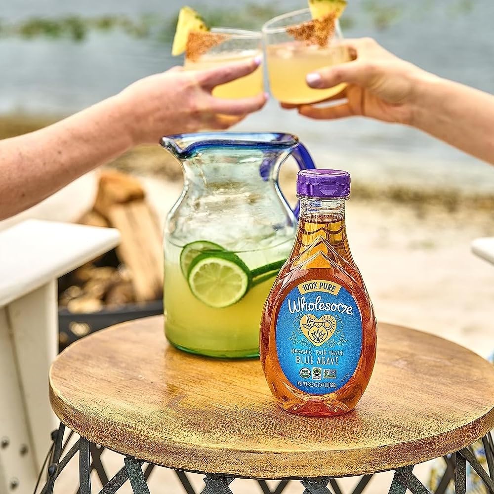 Wholesome Blue Agave Nectar in a kitchen scene ready for baking and breakfast toppings.