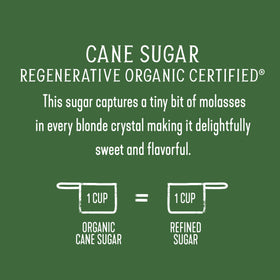 Wholesome Cane Sugar jar closeup highlights molasses notes for richer desserts.