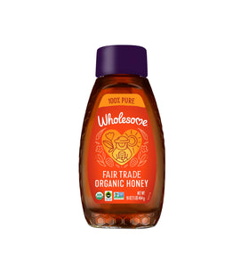 Wholesome Organic Honey bottle front label shows pure, ethically sourced sweetness