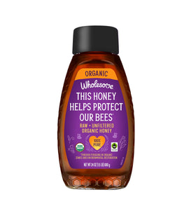 Wholesome Organic Raw Honey bottle closeup showing purity and Brazil sourcing