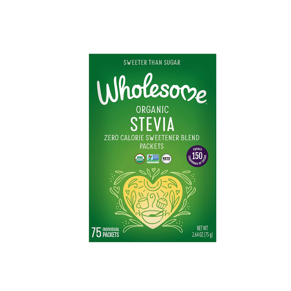 Wholesome Organic Stevia packets for sugar-free beverages and cereals.
