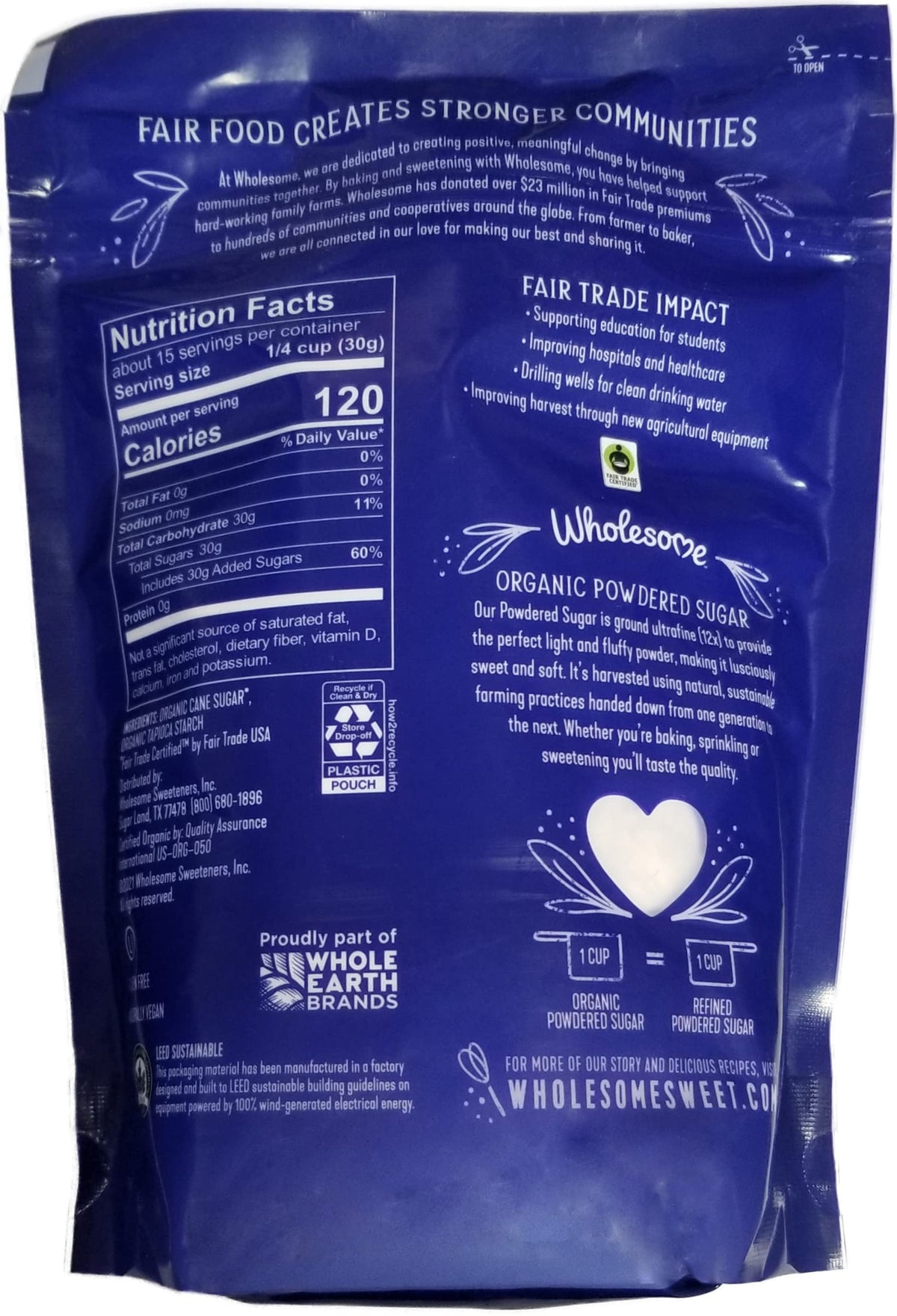 Wholesome Powdered Confectioners Sugar fair trade verification label conveys ethical sourcing