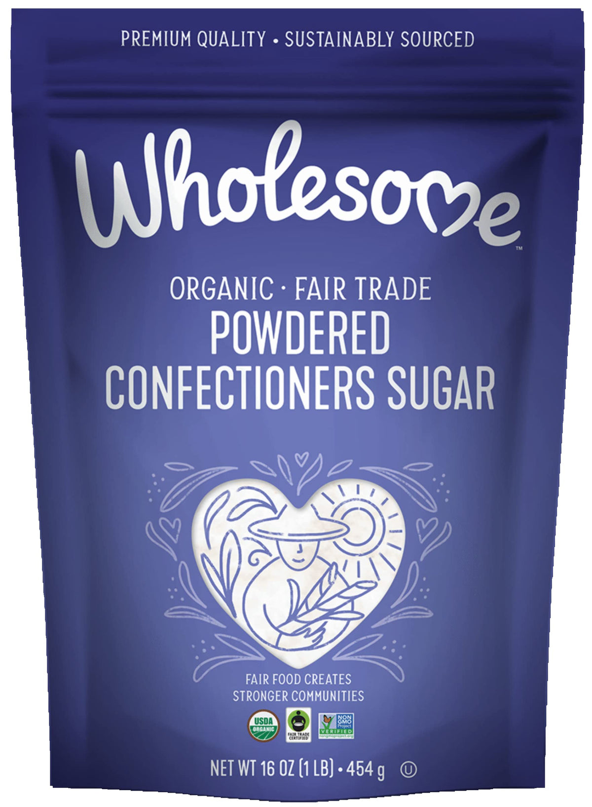 Wholesome Powdered Confectioners Sugar packaging highlights organic and fair trade credentials