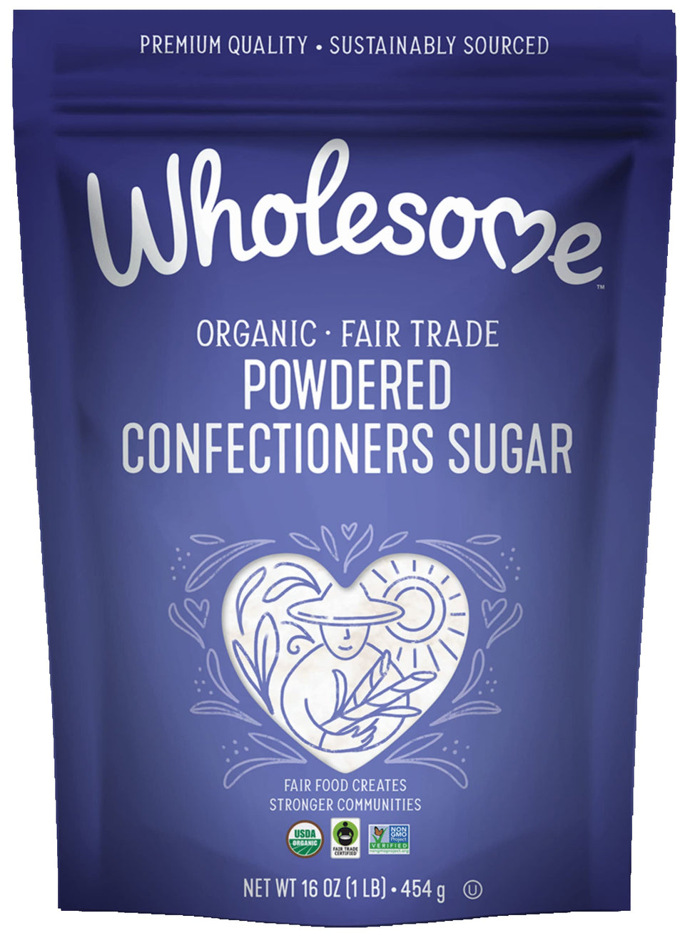 Wholesome Powdered Confectioners Sugar packaging highlights organic and fair trade credentials
