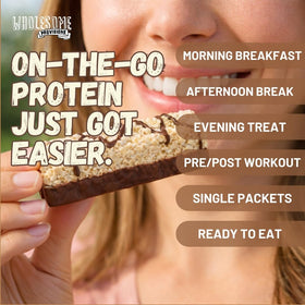 Wholesome Provisions on-the-go packaging beside gym bag for post-workout fuel
