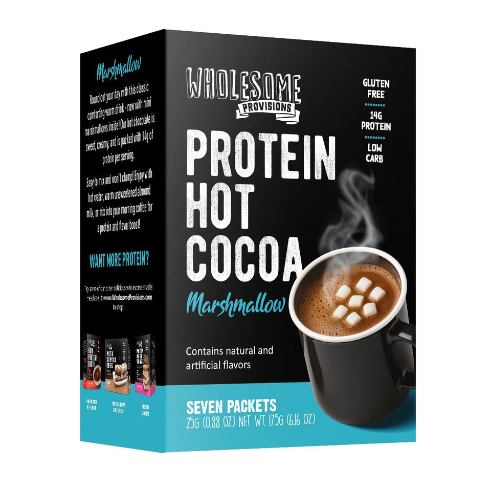 Wholesome Provisions Protein Hot Chocolate boxed set with seven portions.