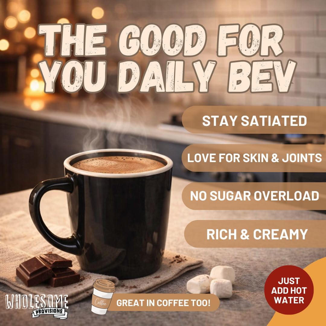 Wholesome Provisions Protein Hot Chocolate cup close, rich cocoa flavor in seconds.