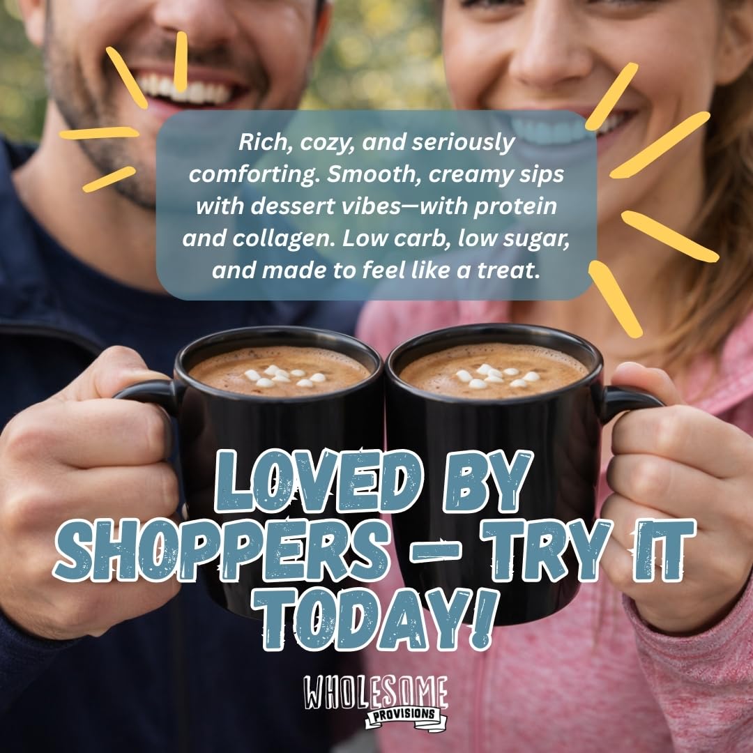 Wholesome Provisions gluten-free hot chocolate packaging for keto-style snacks.