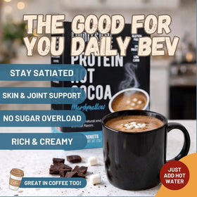 Wholesome Provisions Protein Hot Chocolate being stirred in a mug.