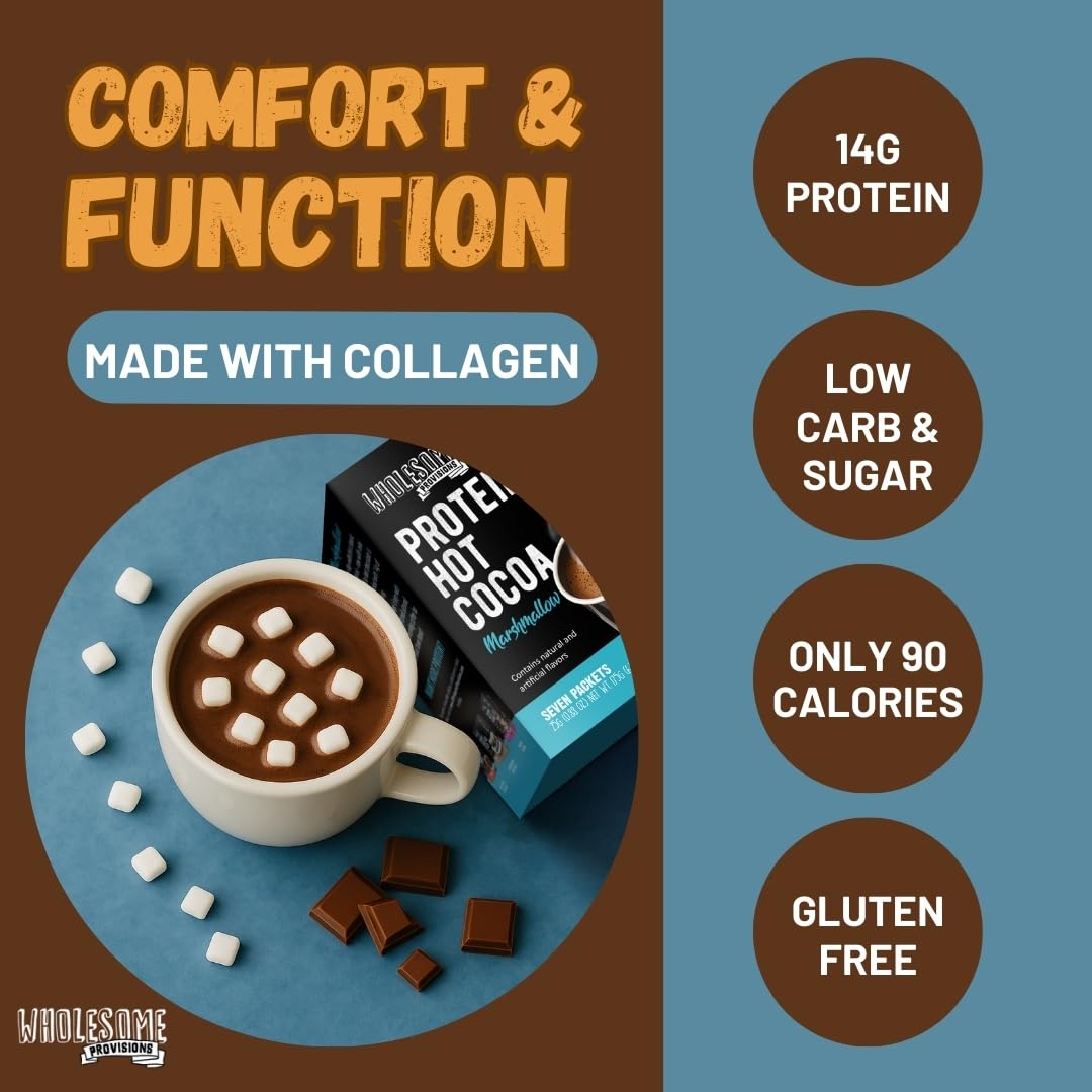 Box of Wholesome Provisions Protein Hot Chocolate sachets for easy macros.