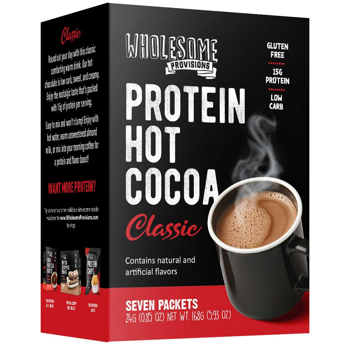 Wholesome Provisions Protein Hot Chocolate packaging shows 15g protein per serving for macro-friendly indulgence.