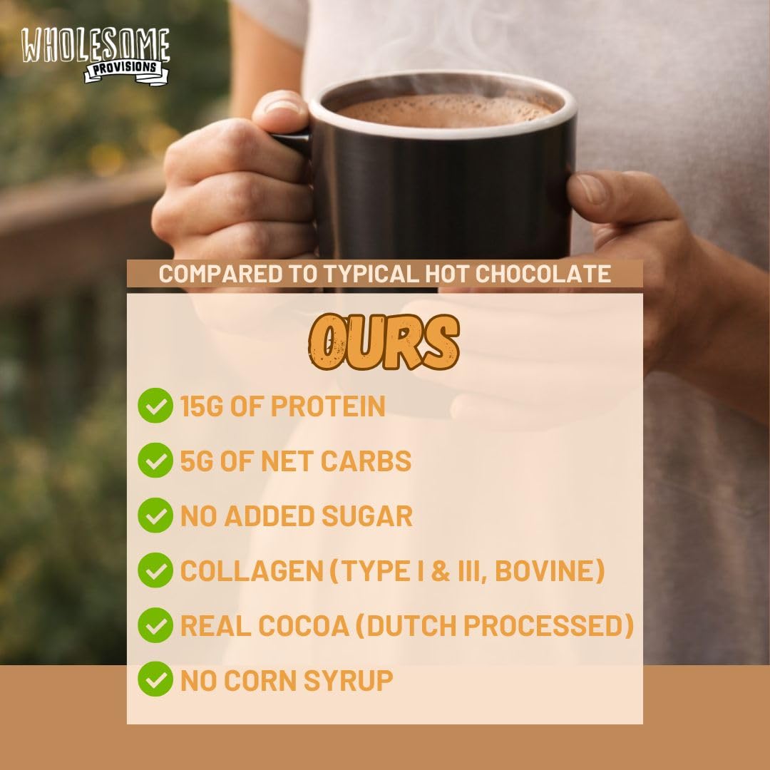 Wholesome Provisions Protein Hot Chocolate stirred into coffee for a chocolaty boost.