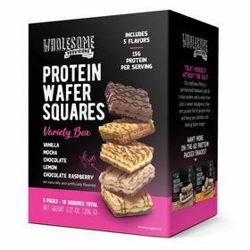 Wholesome Provisions Protein Wafer Squares front pack showing 15g protein per serving; on-the-go boost.