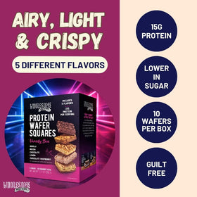 Wholesome Provisions Protein Wafer Squares Variety Box with five flavors for versatile snacking.