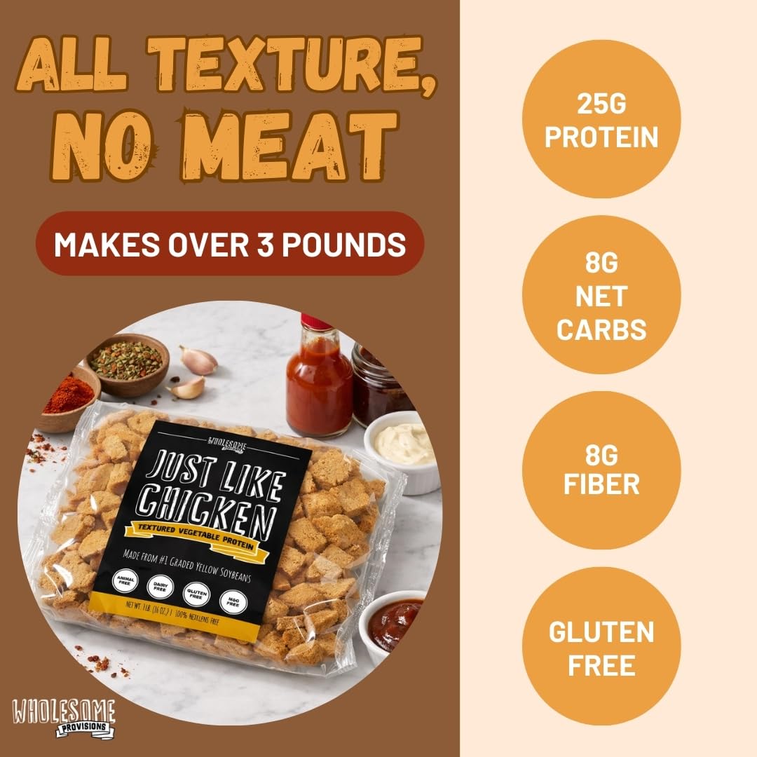 Wholesome Provisions TVP dry chunks ready to rehydrate for quick weeknight dinners.
