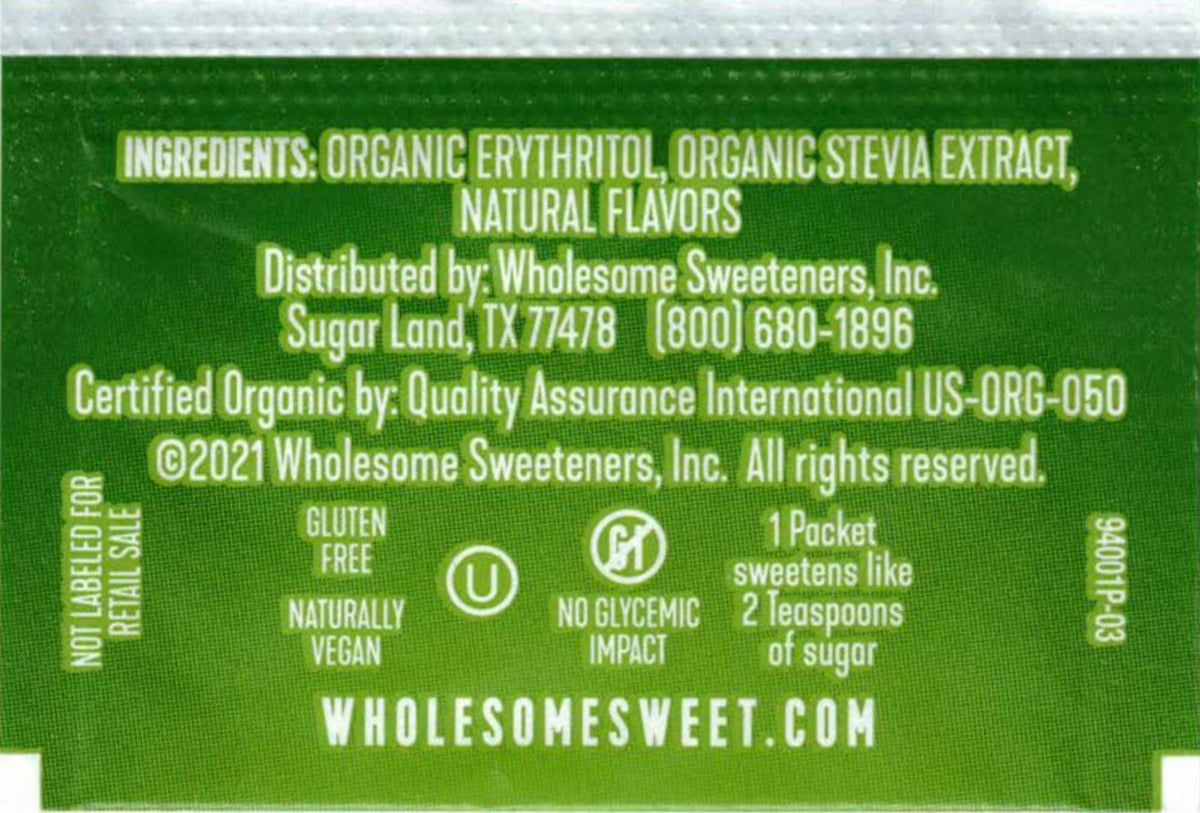Wholesome Stevia Packets close-up label, gluten-free and Non-GMO option.