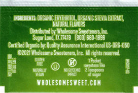 Wholesome Stevia Packets close-up label, gluten-free and Non-GMO option.