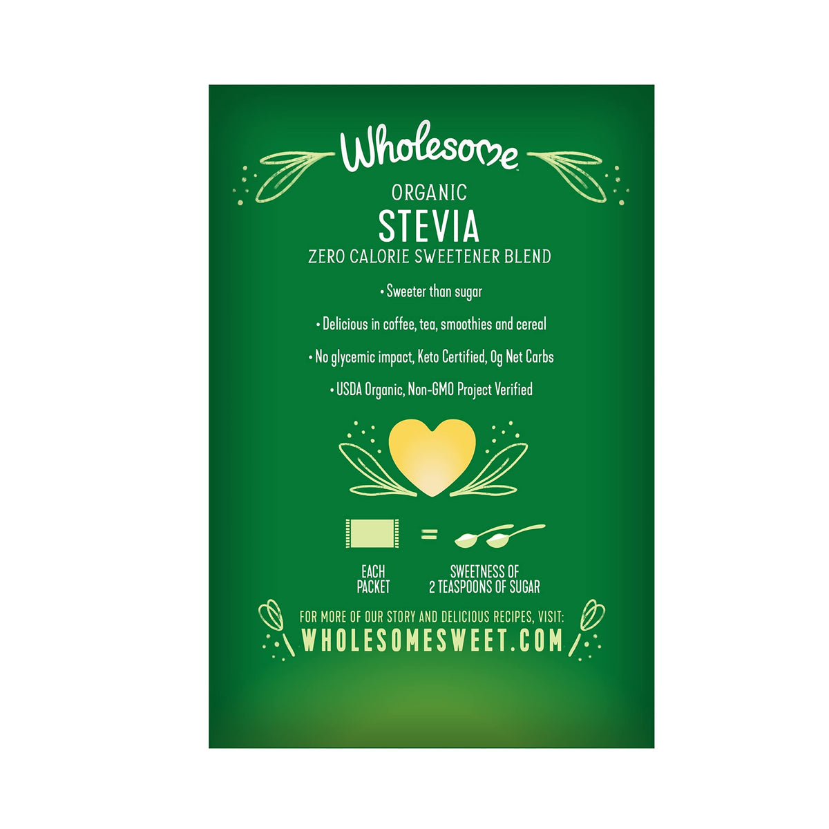 Wholesome Stevia packets on counter for zero-calorie baking and cereal sweetness.