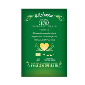Wholesome Stevia packets on counter for zero-calorie baking and cereal sweetness.
