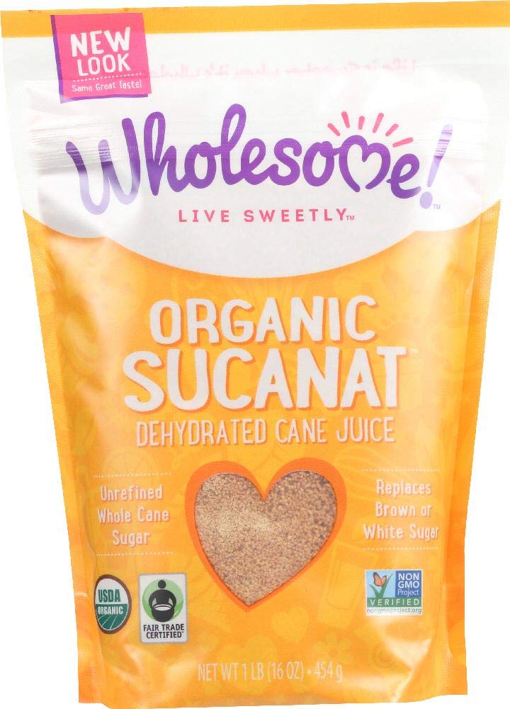 Wholesome Sucanat Organic Fair Trade sugar jar boosts caramel flavor in baking.