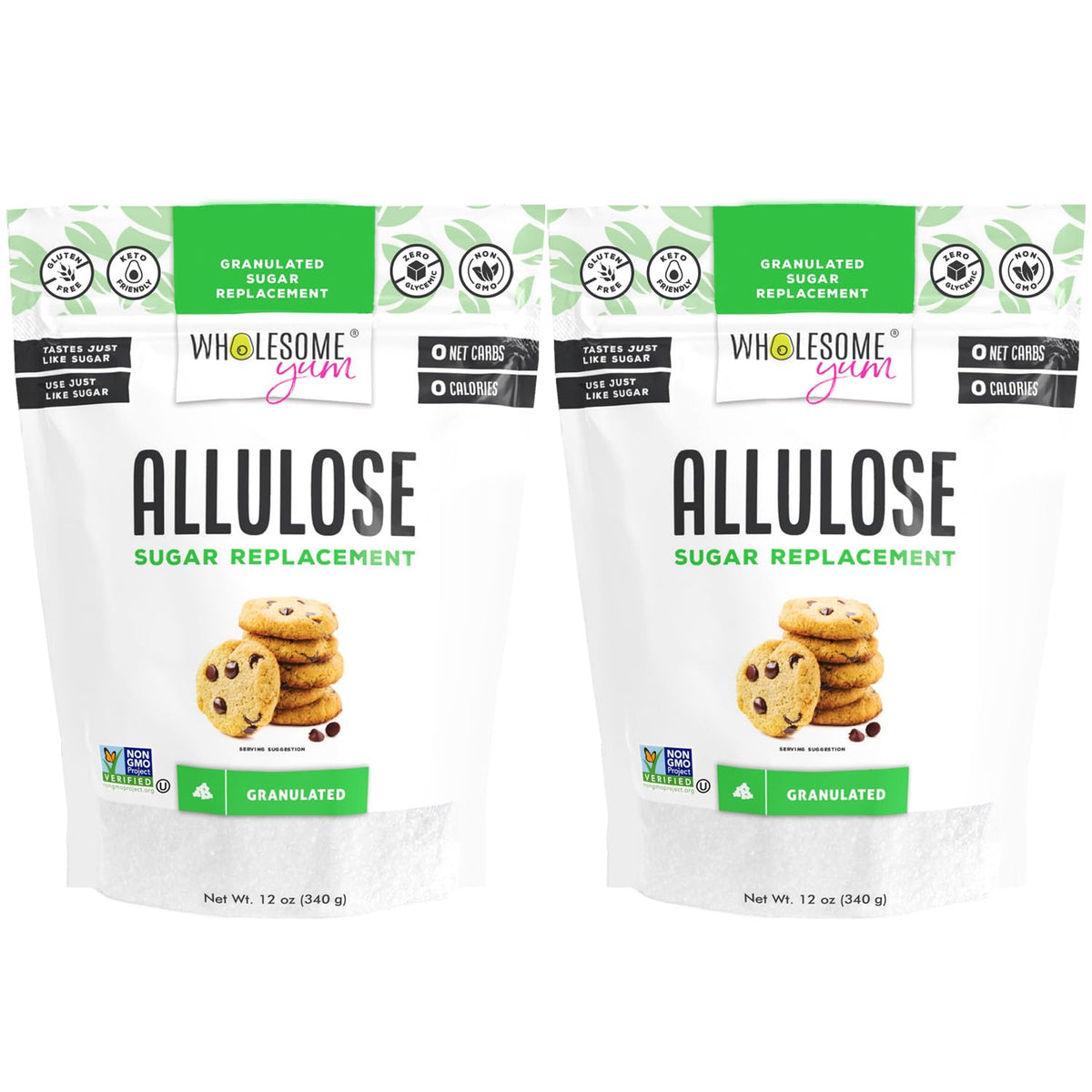Wholesome Yum Allulose bottle pour shows a zero calorie sugar substitute for daily use.