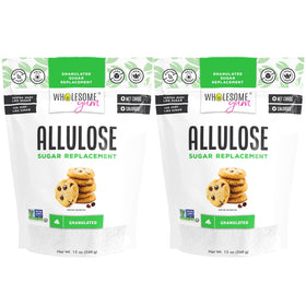 Wholesome Yum Allulose bottle pour shows a zero calorie sugar substitute for daily use.