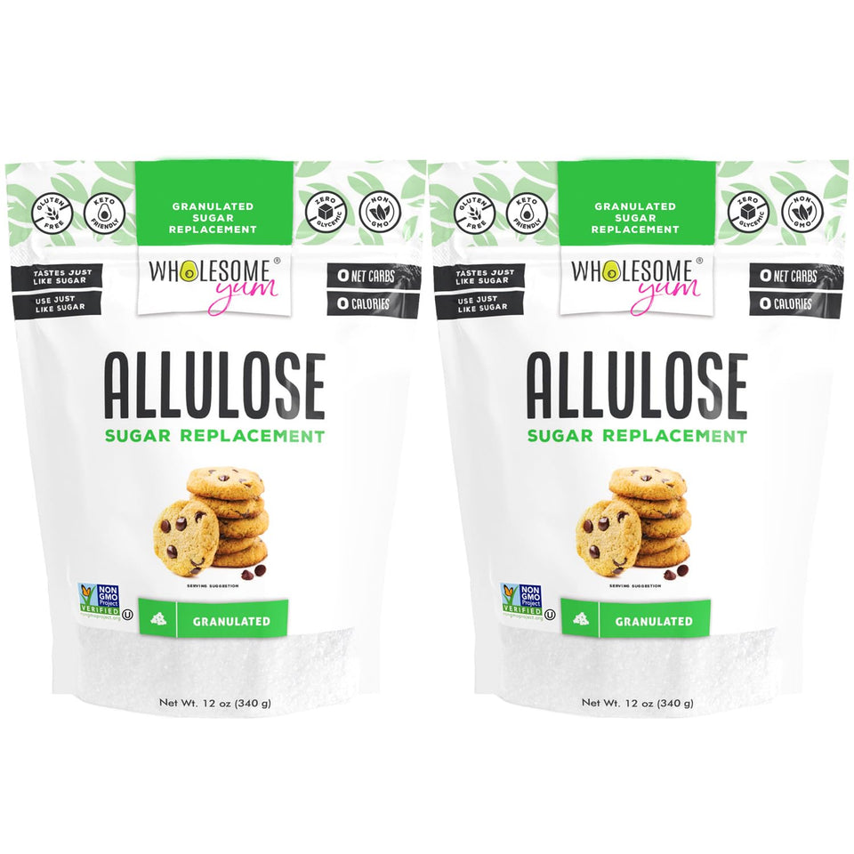 Wholesome Yum Allulose bottle pour shows a zero calorie sugar substitute for daily use.