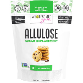 Wholesome Yum Allulose sweetener bottle showing zero calories and zero carbs for sugar-free cooking.