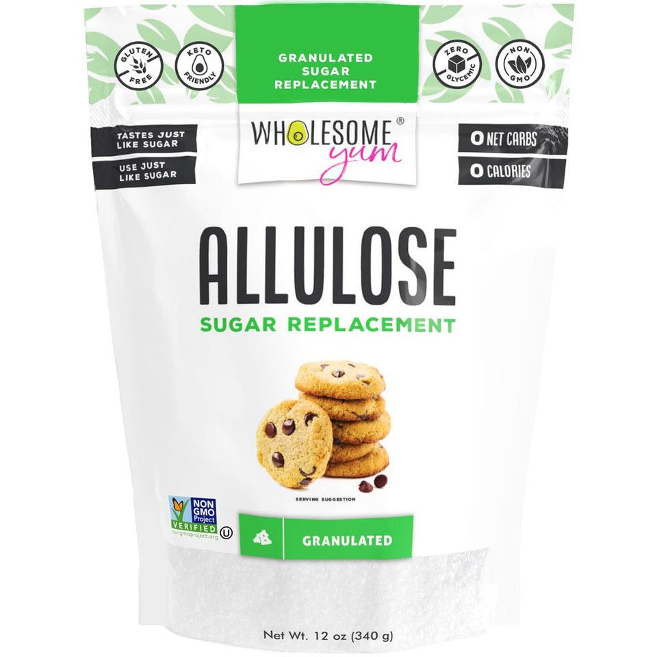 Wholesome Yum Allulose sweetener bottle showing zero calories and zero carbs for sugar-free cooking.