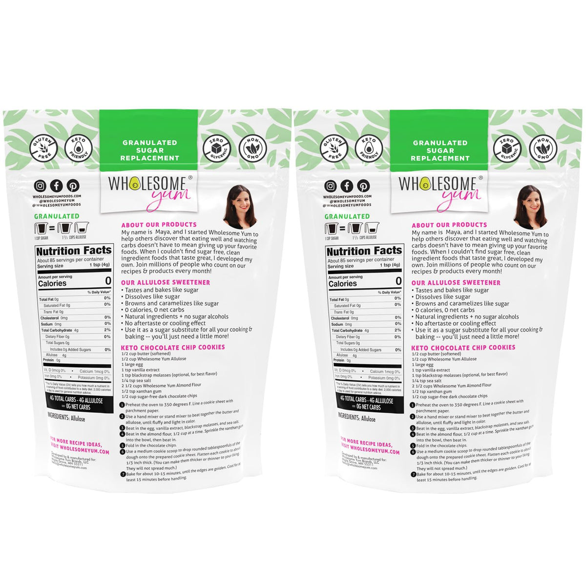 Wholesome Yum Allulose packaging highlights a natural, zero carb sugar alternative.