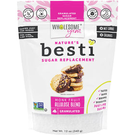 Wholesome Yum Besti bottle shows monk fruit blend for sugar-free sweetness.
