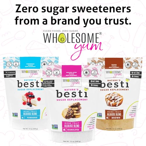 Wholesome Yum Besti brown sugar substitute in a kitchen scene with jar