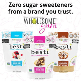Wholesome Yum Besti brown sugar substitute in a kitchen scene with jar