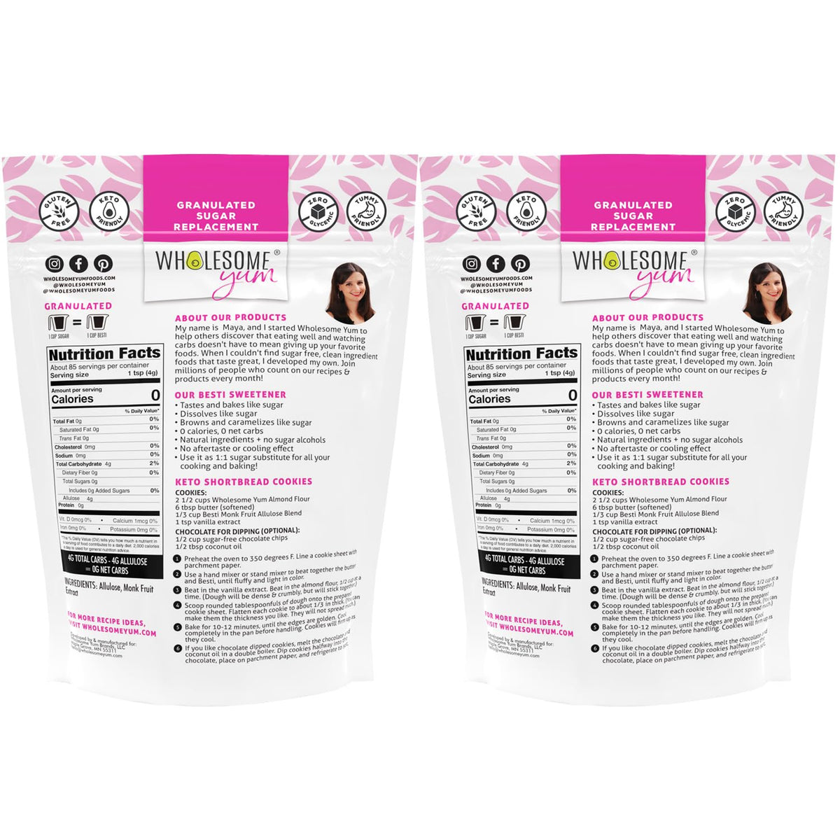 Close-up of Wholesome Yum Besti label highlighting allulose and no erythritol for readers.