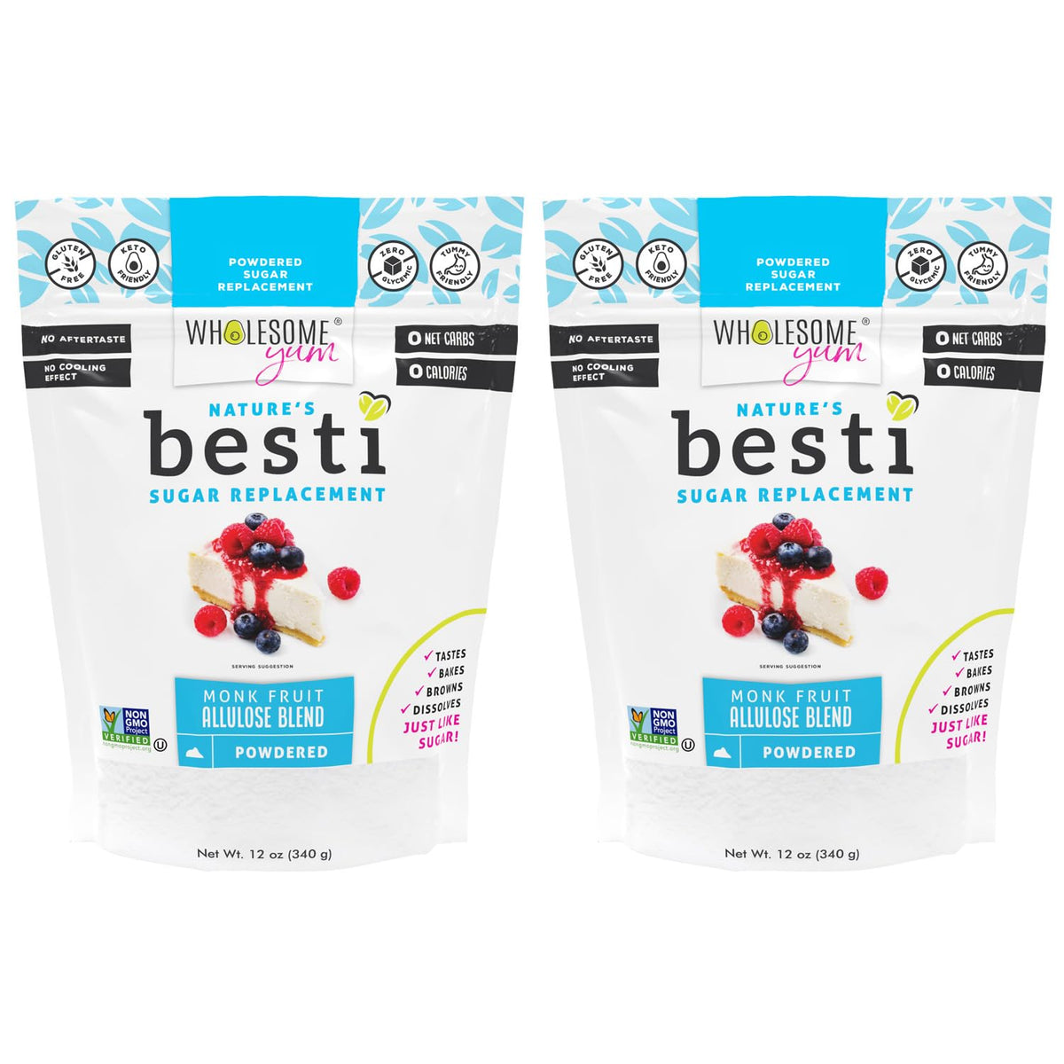 Wholesome Yum Besti powdered sugar substitute packaging highlights keto-friendly, zero-calorie option.