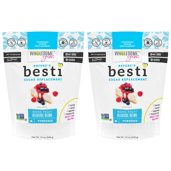 Wholesome Yum Besti powdered sugar substitute packaging highlights keto-friendly, zero-calorie option.