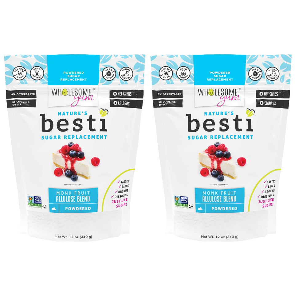 Wholesome Yum Besti powdered sugar substitute packaging highlights keto-friendly, zero-calorie option.