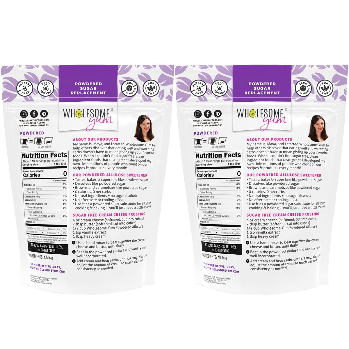 Wholesome Yum powdered allulose sweetener jar label showing non-GMO ingredients and keto-friendly promise