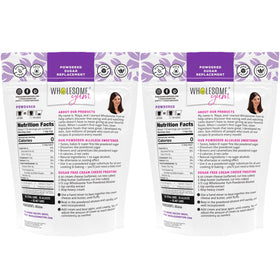 Wholesome Yum powdered allulose sweetener jar label showing non-GMO ingredients and keto-friendly promise