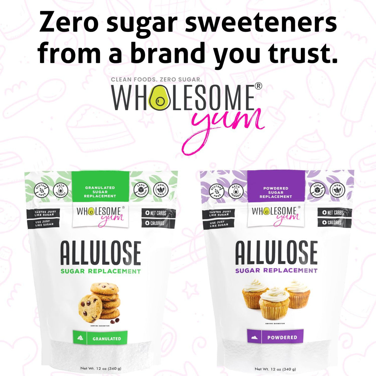 Wholesome Yum Powdered Allulose Sweetener packaging highlights a 12 oz size.