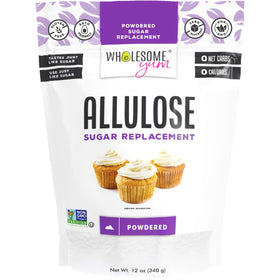 Wholesome Yum Powdered Allulose Sweetener pour shows zero calories for beverages.